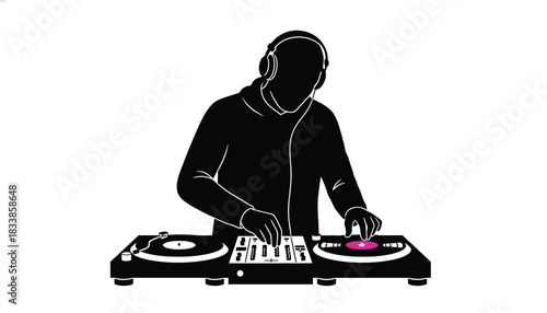 Silhouette of a DJ mixing music on turntables wearing headphones illustration for nightlife and entertainment concepts