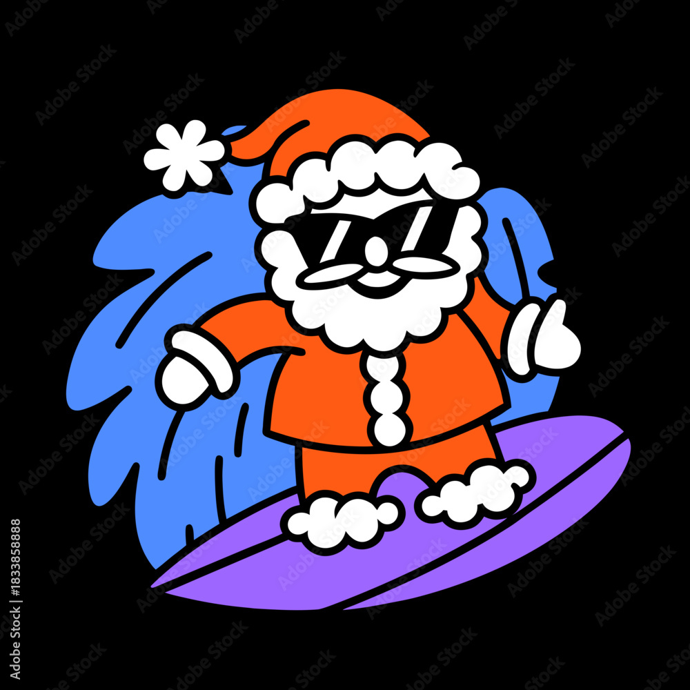 Obraz premium Surfing Santa Claus with Sunglasses on Purple Board