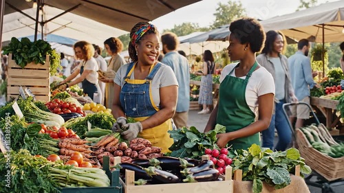 Diverse vendors happily selling fresh produce at an outdoor farmers market.