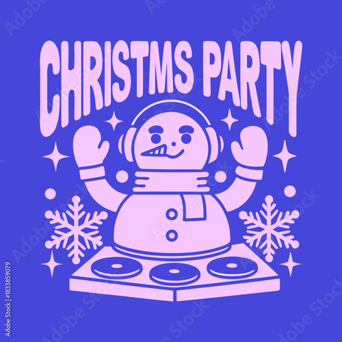 Snowman DJ with Headphones and Snowflakes music christmas