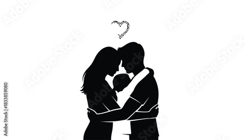 Silhouette of a loving family embracing parents holding their baby a symbol of love and togetherness on a white background