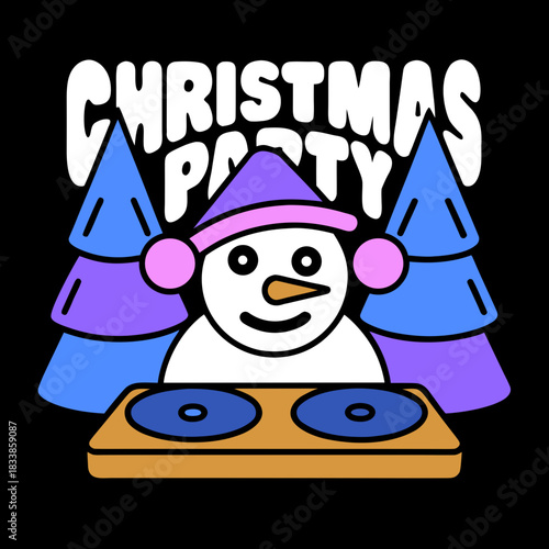 Snowman DJ with Christmas Trees and Party Hat music