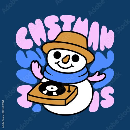 Snowman DJ with Record Player and Scarf music vinyl