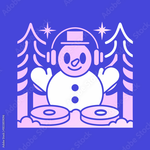 Snowman DJ with Headphones and Christmas Trees music