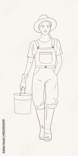 Line art of a female gardener in overalls, hat, gloves and boots holding a bucket. Clean minimal outline style on a light background.