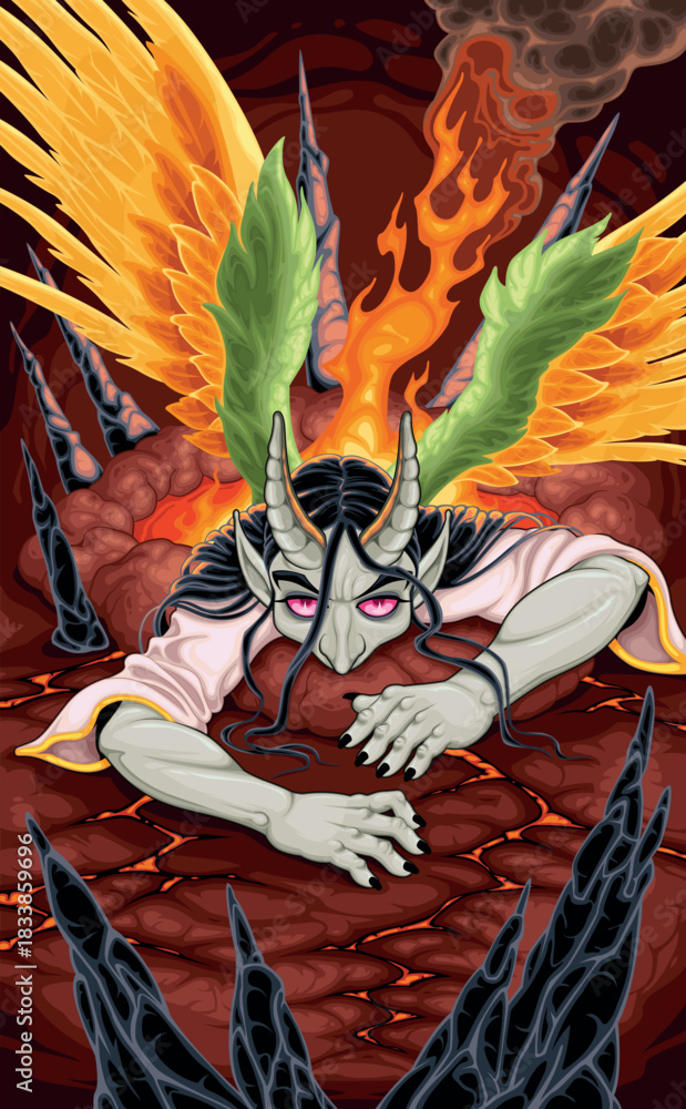 Obraz premium A fallen angel surrounded by fire. Vector cartoon horror illustration.