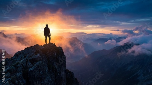 Silhouette of a person standing on a rocky mountain peak at sunrise with clouds and distant mountains below