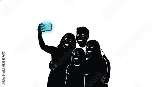 Silhouette of a happy family taking a selfie with a smartphone isolated on a white background perfect for illustrating modern family life