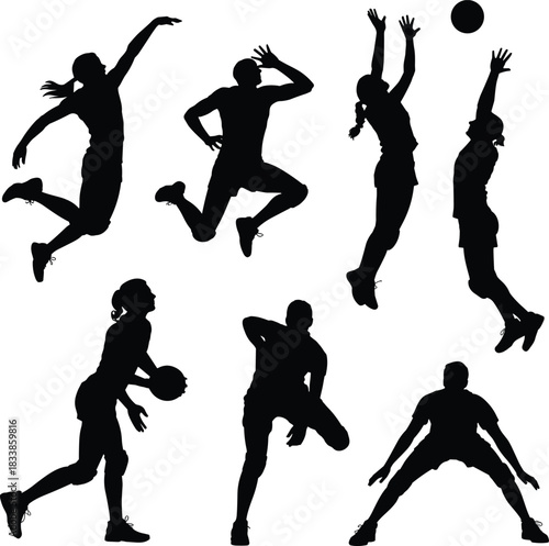 Volleyball and Basketball Action Silhouettes: Dynamic Set of Isolated Athletes Jumping, Serving, Blocking, and Spiking for Sports Banner, Poster, or Digital Design Project