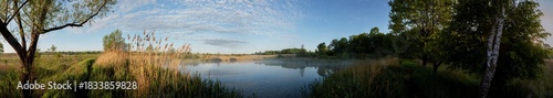 Panorama of forest lakes in spring, young leaves and freshly blossomed buds of trees and shrubs