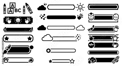 Vector collection of school borders and text labels featuring handprints sun clouds ABC blocks and paintbrushes for kindergarten designs