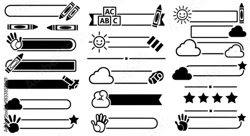 Vector collection of black school banners and text borders featuring handprints sun clouds and crayons for children education design layouts
