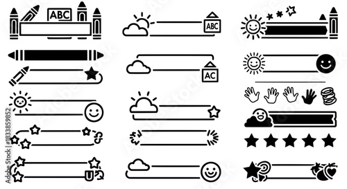 Vector collection of school borders and text banners featuring sun clouds handprints and ABC blocks for kindergarten education design layouts