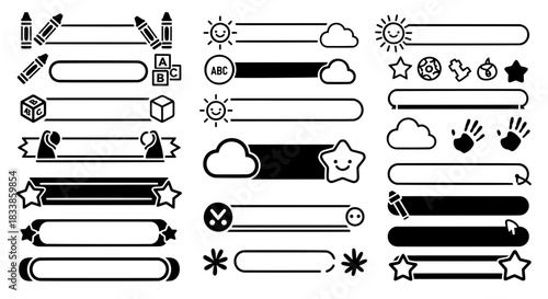 Vector collection of school text frames and borders featuring handprints sun clouds and alphabet blocks for children education design layouts