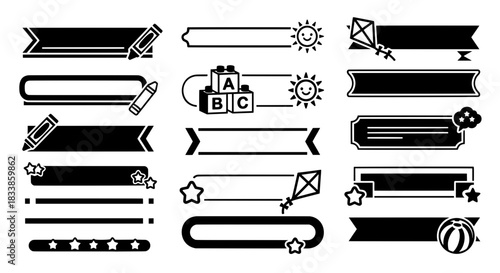 Vector set of school text frames and ribbon banners featuring educational toys crayons and kites for kindergarten graphic design layouts