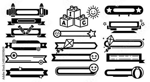 Vector collection of decorative school ribbon borders and text labels featuring alphabet blocks and crayons for kindergarten design layouts