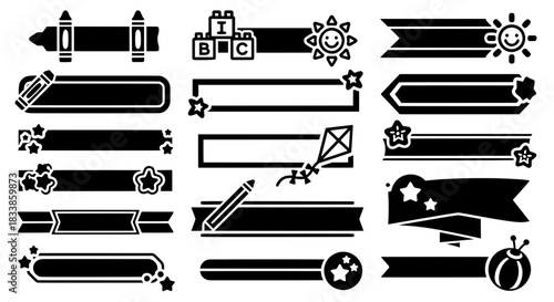 Vector collection of black school banners and text frames featuring alphabet blocks crayons and stars for children education design projects