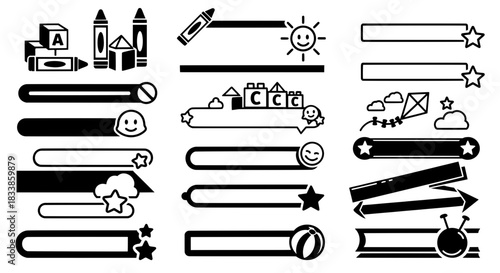 Vector collection of education banners and school ribbon borders featuring toys blocks and crayons for kindergarten text labels and design layouts