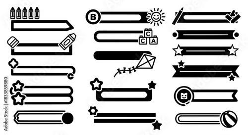 Vector collection of decorative school ribbons and text frames featuring toys stars alphabet blocks and crayons for children education design projects