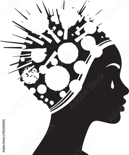 Silhouette of black woman head with abstract explosion headdress