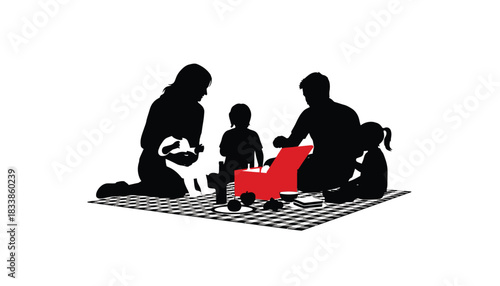 Silhouette of a family enjoying a picnic with a red cooler sitting on a striped blanket isolated on white