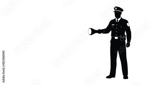 Silhouette of a police officer holding a flashlight illustration for law enforcement and security concepts isolated on white background