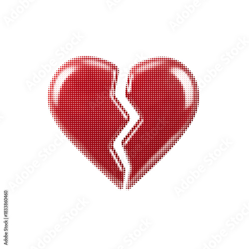 Glossy broken heart symbol made of dotted halftone texture in red color on white background.