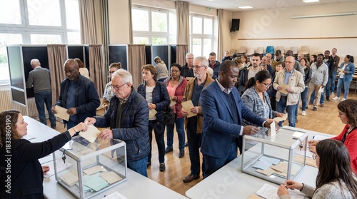 People casting their votes in a polling station during an election day with transparent ballot boxes on tables