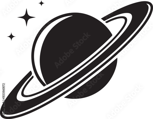 Black and white silhouette icon of planet saturn with ring and star