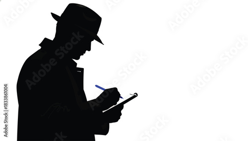 Silhouette of a man in a hat writing on a clipboard isolated on white for mystery or detective concepts