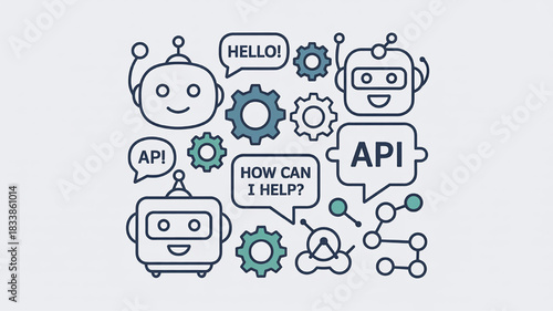 Set of cute robot icons vector line illustration for chatbot virtual assistant and customer service applications isolated on white background