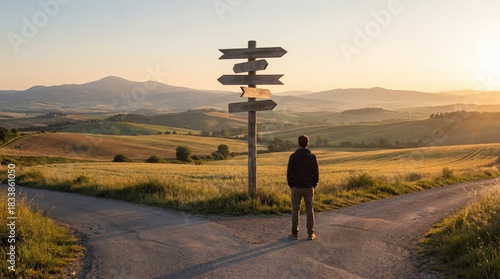 A person standing at a wooden signpost in a vast countryside landscape during sunset with rolling hills and distant mountains