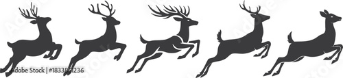 Running and jumping deer silhouette vector set showcasing dynamic motion and festive style. Perfect for Christmas design, winter branding, holiday decor, woodland themes, stickers, logo, and cut file.