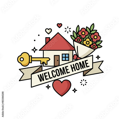 Welcome Home Housewarming Celebration with Key and Flowers.