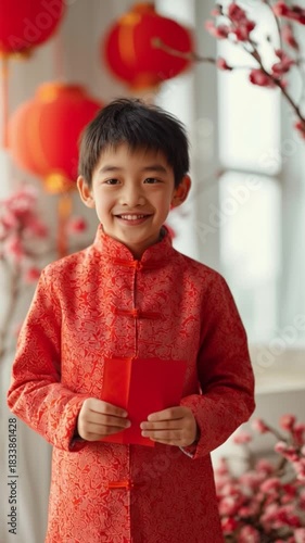 A young boy in a traditional red outfit holding red envelopes, celebrating a festive occasion surrounded by decorations.