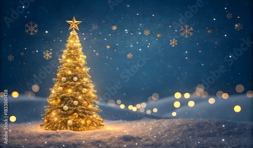 Spruce tree, Christmas tree and bokeh lights blue blur background. Merry Christmas and Happy Holidays greeting card, frame, banner. Winter xmas festive theme.