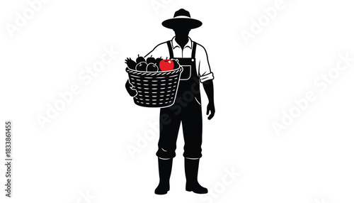 Silhouette of a farmer holding a basket full of fresh produce illustration for agricultural and organic food concepts isolated on white