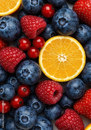 Vibrant assortment of freshly washed, ripe summer berries featuring visible, glistening water droplets, emphasizing freshness, health, and cooling hydration ,snack ,juicy ,cool
