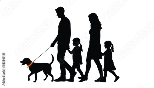 Silhouette of a family walking a dog a simple illustration perfect for family-friendly designs and lifestyle content