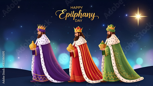 Reyes epiphany vector illustration with three kings walking in colorful royal robes carrying gifts under bright star night sky creating festive art concept for holiday celebration and creative design 