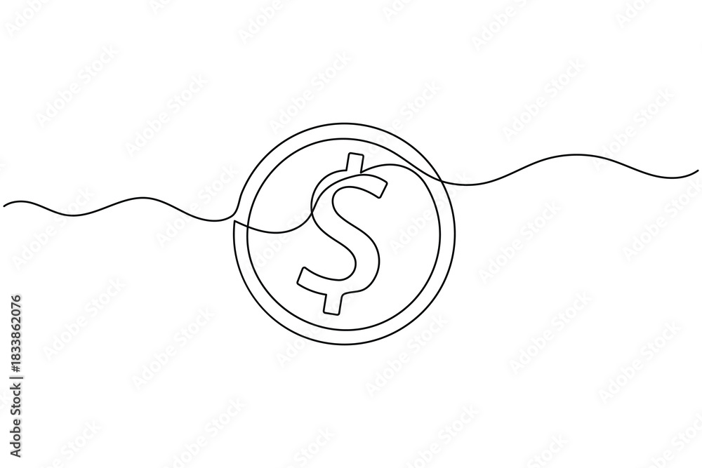 Obraz premium Continuous line drawing of a dollar coin, financial concept art.