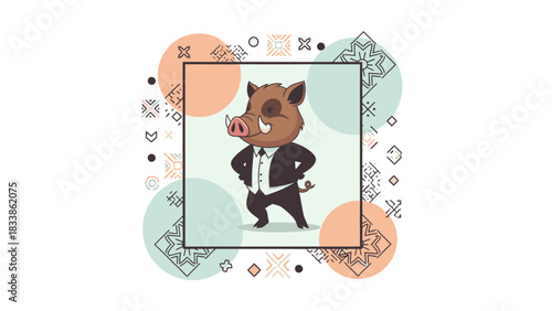 A cartoon boar dressed in a suit, standing confidently within a square frame, surrounded by decorative circles and patterns.