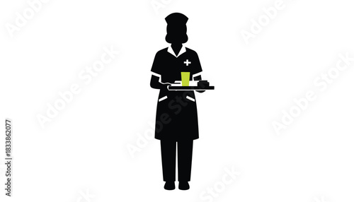 Silhouette of a nurse carrying a tray with medication simple illustration for healthcare and medical concepts isolated on white