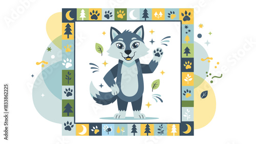 Cartoon wolf waving inside a decorative frame with trees, moons, and paw prints on a white background.