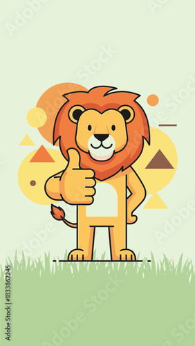 Cartoon lion giving a thumbs up with geometric shapes and grass background.