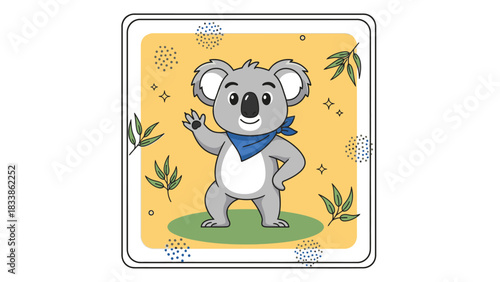 Cartoon koala wearing a blue bandana, waving its paw, set against a yellow background with leaves and stars.