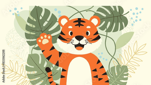 A cheerful tiger waving its paw amidst lush green tropical foliage, smiling.