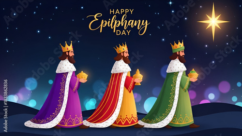 Reyes epiphany vector illustration with three kings walking in colorful royal robes carrying gifts under bright star night sky creating festive art concept for holiday celebration and creative design 