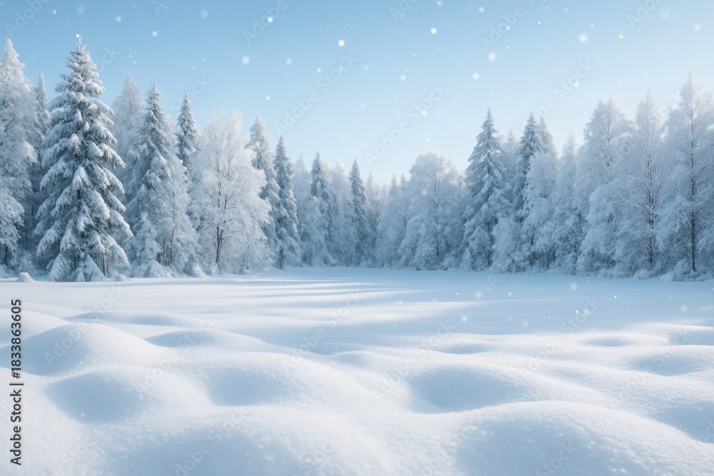 Fototapeta premium Peaceful snowy winter forest with frosted pine trees under a clear blue sky and soft falling snowflakes in tranquil holiday season atmosphere background. Ai generative