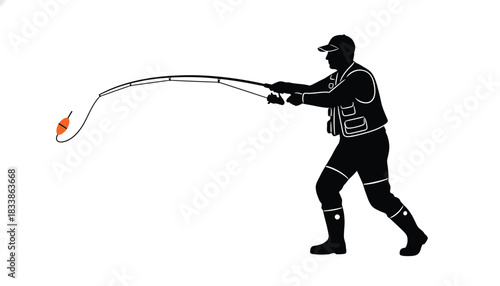 Silhouette of a fisherman casting a fishing rod illustration of a man in action isolated on white background